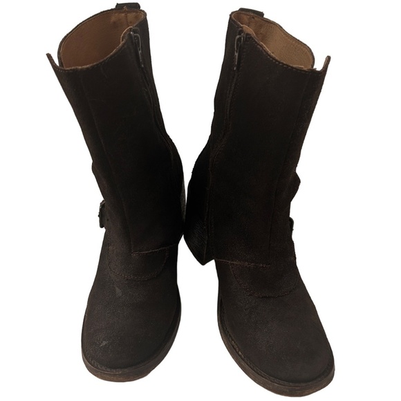 JL J. Litvack Moto Boots Bootie Brown Suede Four Buckle Chunky Stacked Heel - Picture 5 of 16